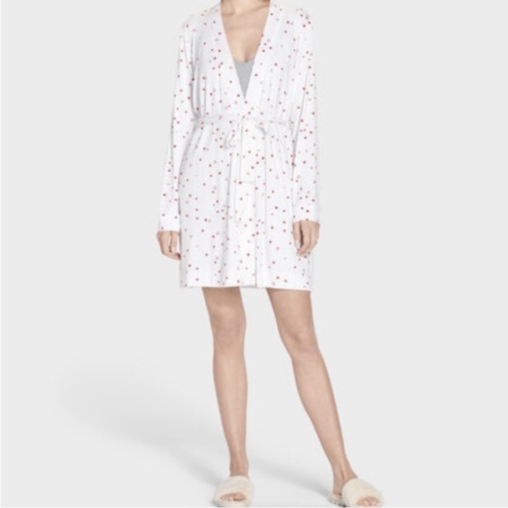 UGG Aldridge Heart Print Short Robe/Dressing Gown Size Large Color White/Red